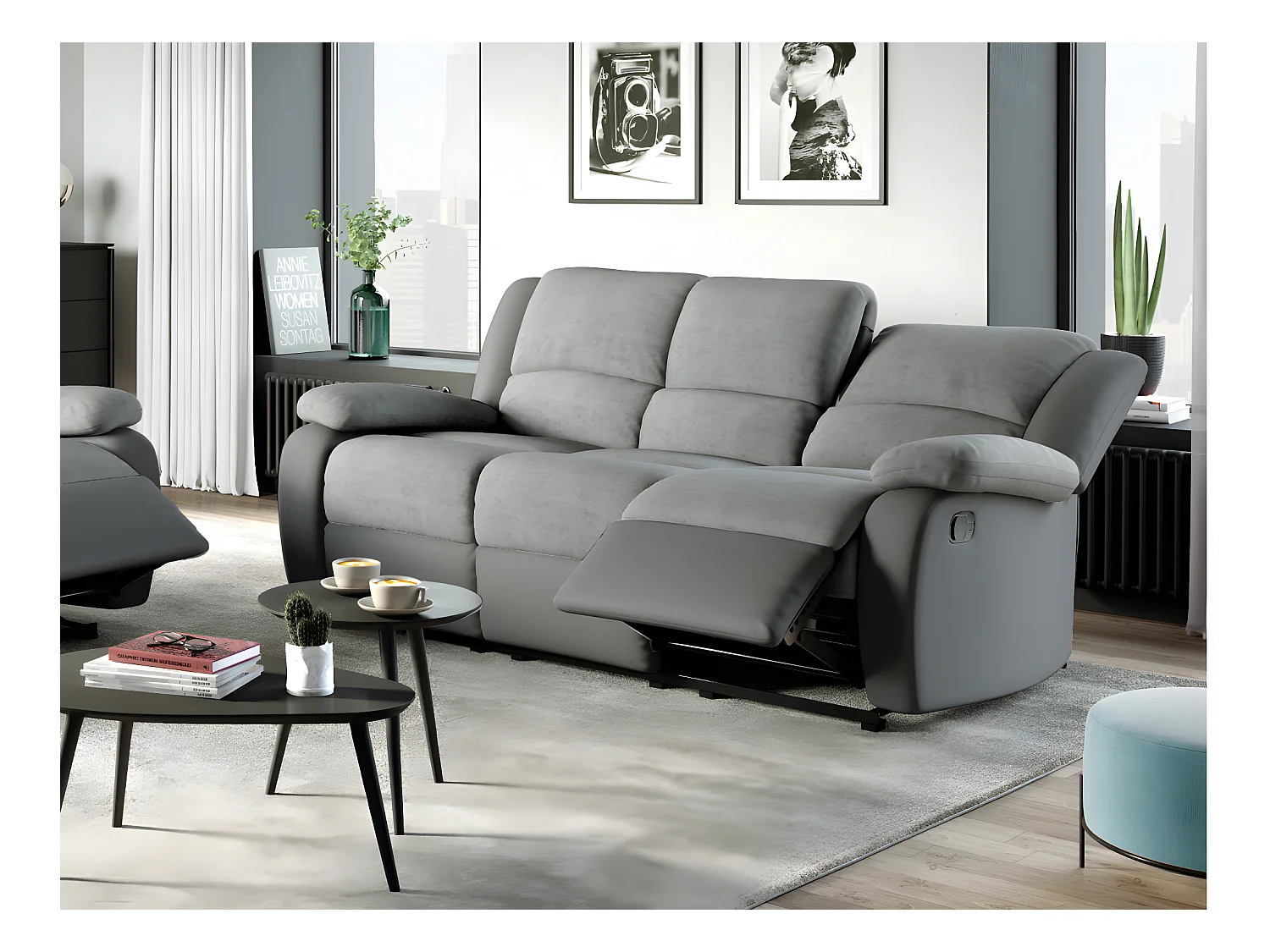Canapé Relaxation 3 places Microfibre et Simili Léo - Gris - L193 x 93 x 96cm - Loungitude