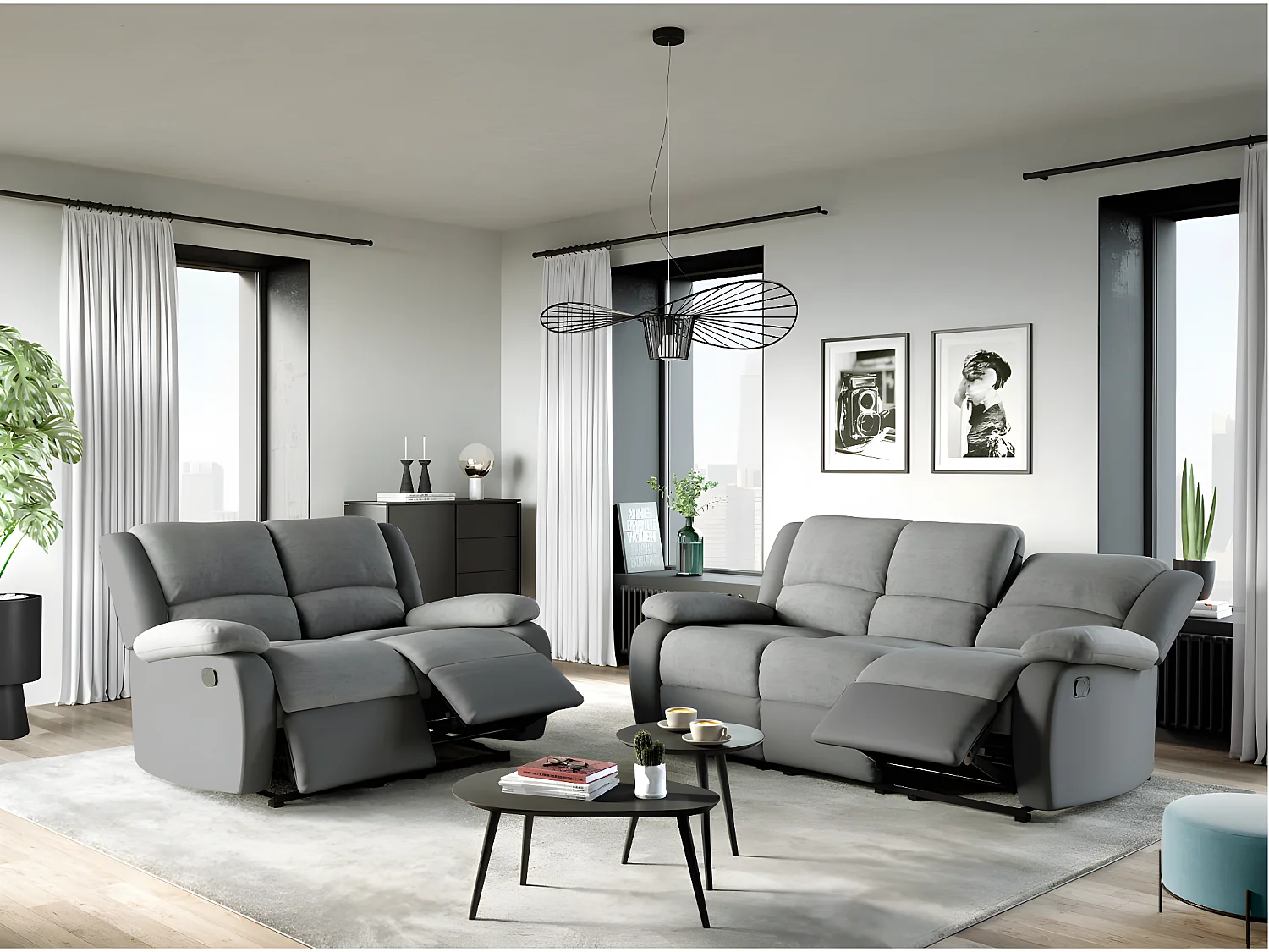 Canapé Relaxation 3 places Microfibre et Simili Léo - Gris - L193 x 93 x 96cm - Loungitude