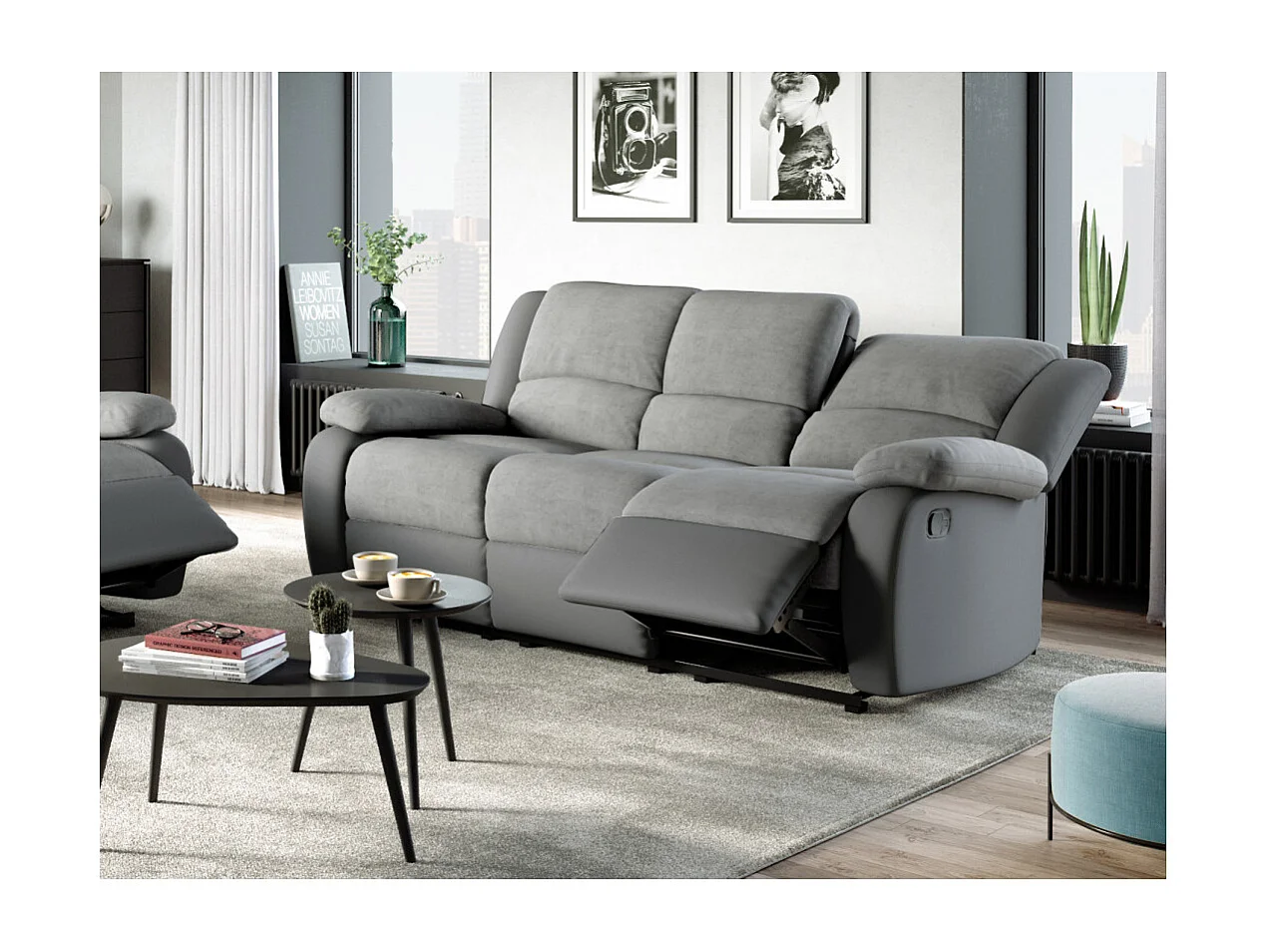 Canapé Relaxation 3 places Microfibre et Simili Léo - Gris - L193 x 93 x 96cm - Loungitude