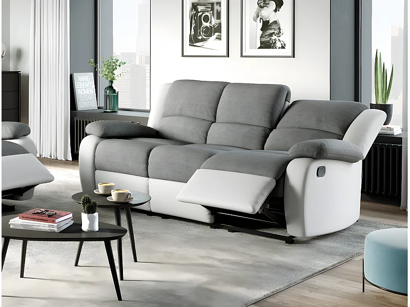 Canapé Relaxation 3 places Microfibre et Simili Léo - Blanc et Gris - L193 x 93 x 96cm - Loungitude