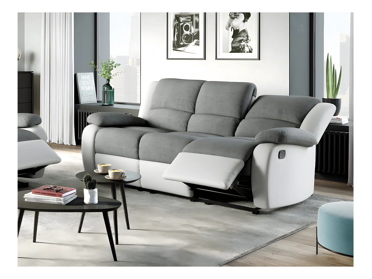Canapé Relaxation 3 places Microfibre et Simili Léo - Blanc et Gris - L193 x 93 x 96cm - Loungitude