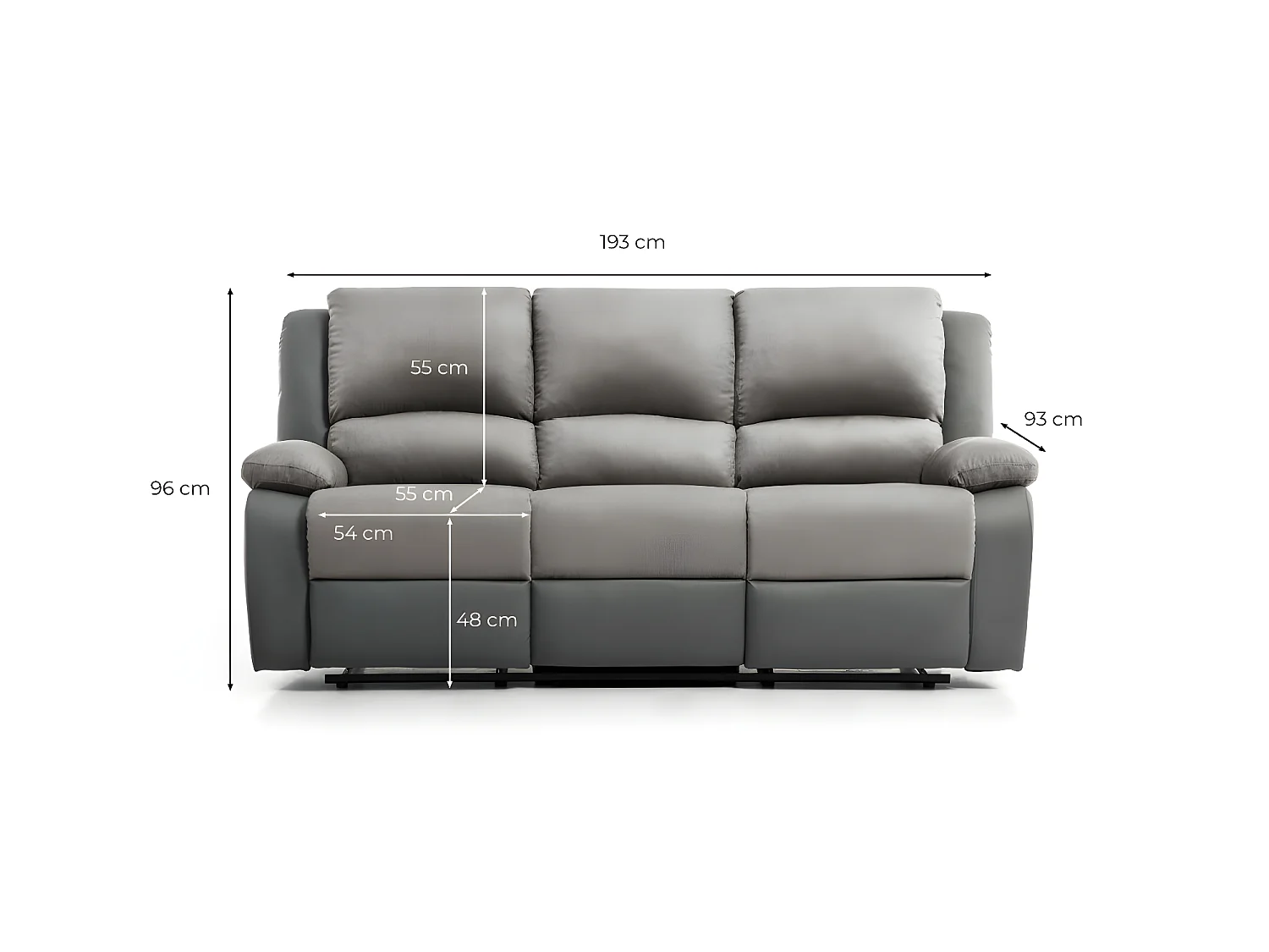 Canapé Relaxation 3 places Microfibre et Simili Léo - Blanc et Gris - L193 x 93 x 96cm - Loungitude