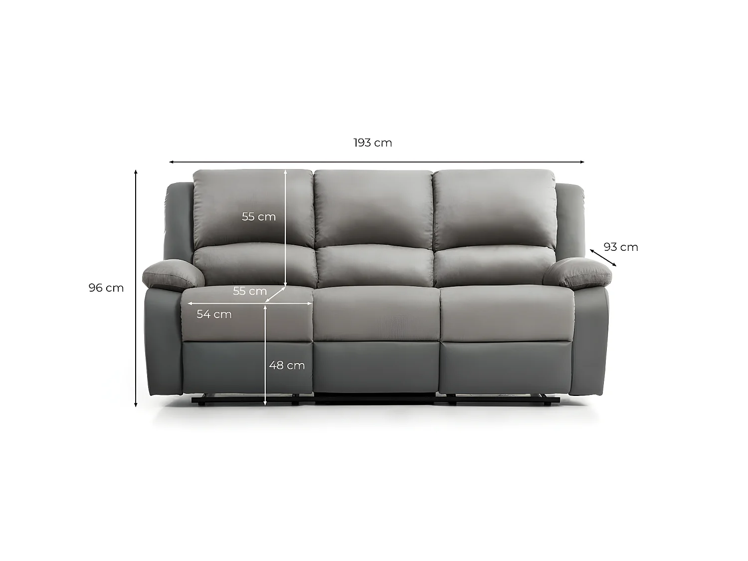 Canapé Relaxation 3 places Microfibre et Simili Léo - Blanc et Gris - L193 x 93 x 96cm - Loungitude