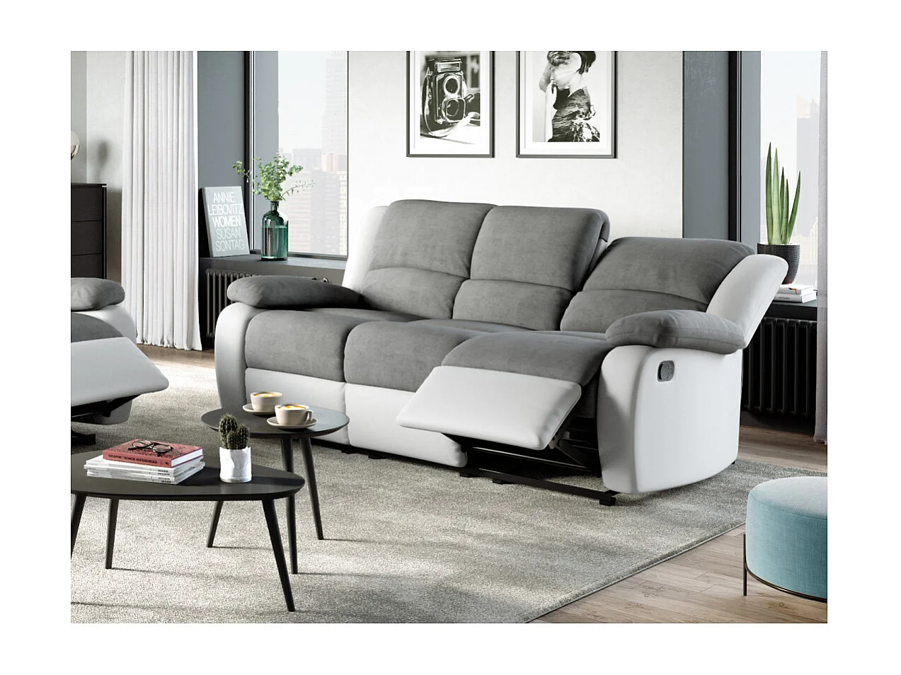 Canapé Relaxation 3 places Microfibre et Simili Léo - Blanc et Gris - L193 x 93 x 96cm - Loungitude