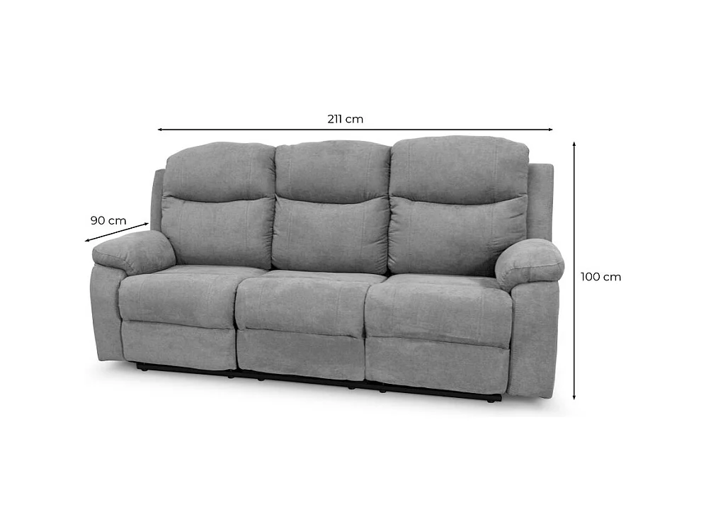 Canapé de relaxation manuel 3 places en tissu Bona - Gris clair - L211 x 90 x 100cm - Loungitude