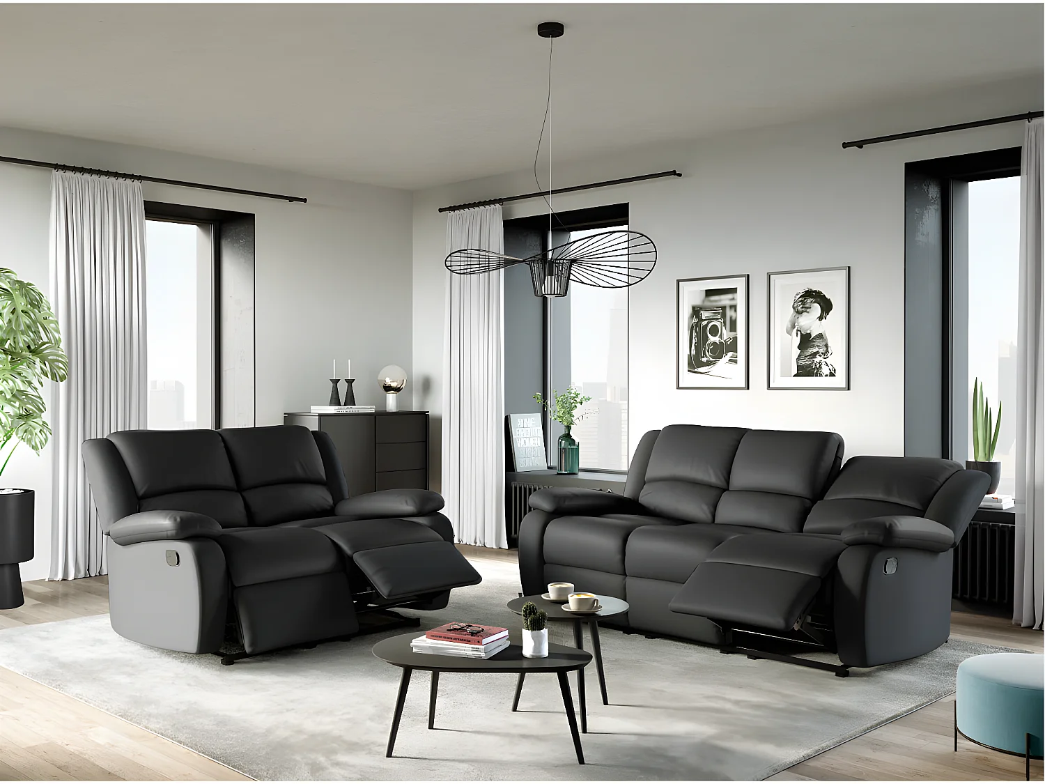 Canapé Relaxation 3 places Simili cuir Léo - Noir - L193 x 93 x 96cm - Loungitude
