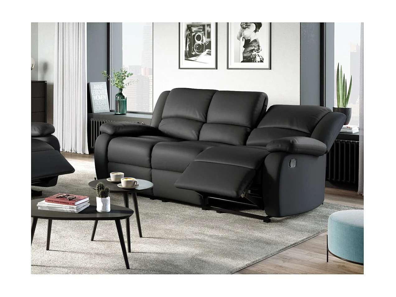 Canapé Relaxation 3 places Simili cuir Léo - Noir - L193 x 93 x 96cm - Loungitude