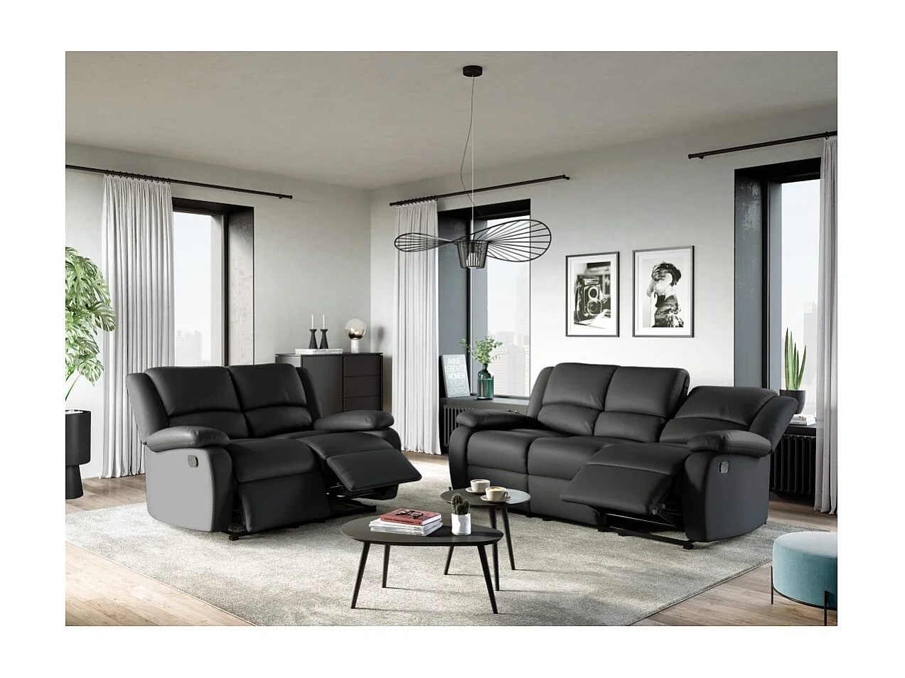 Canapé Relaxation 3 places Simili cuir Léo - Noir - L193 x 93 x 96cm - Loungitude