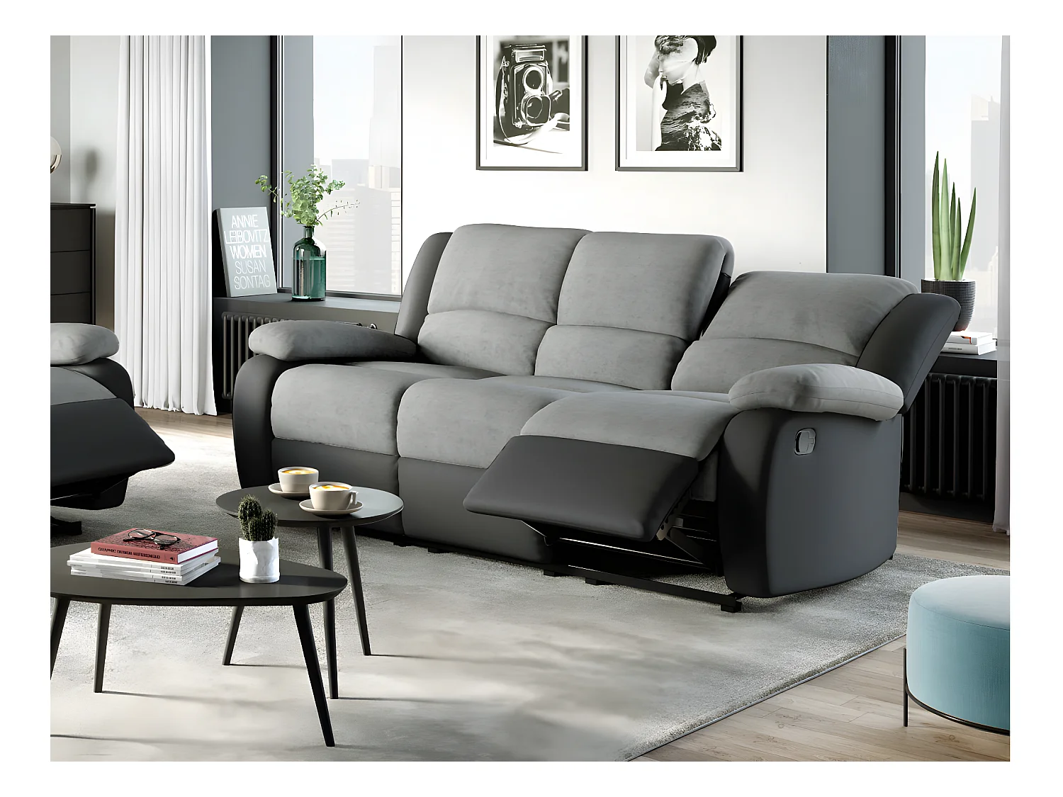 Canapé Relaxation 3 places Microfibre et Simili Léo - Gris et Noir - L193 x 93 x 96cm - Loungitude
