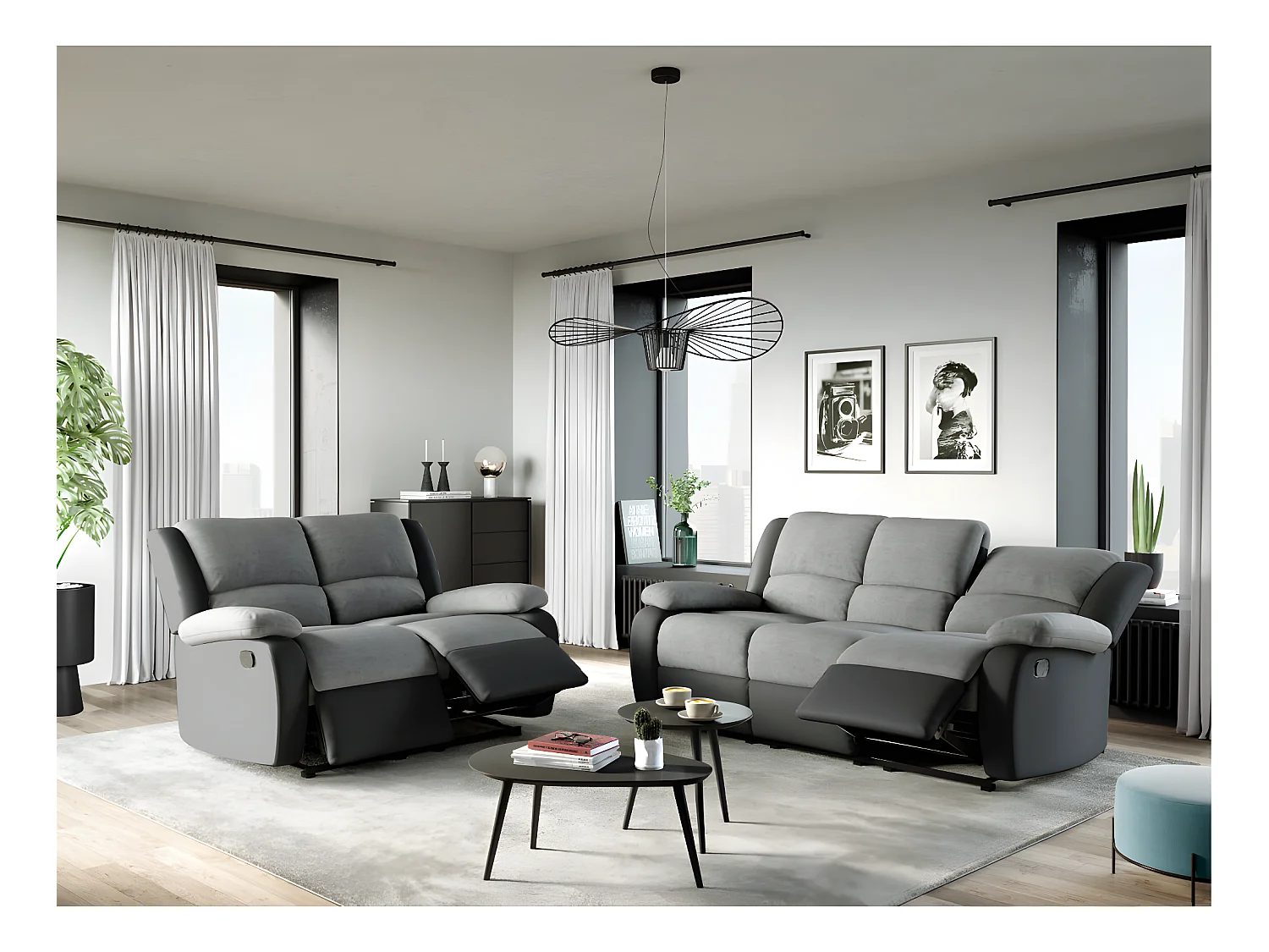 Canapé Relaxation 3 places Microfibre et Simili Léo - Gris et Noir - L193 x 93 x 96cm - Loungitude