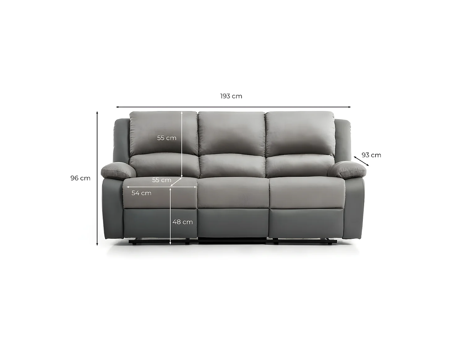 Canapé Relaxation 3 places Microfibre et Simili Léo - Gris et Noir - L193 x 93 x 96cm - Loungitude