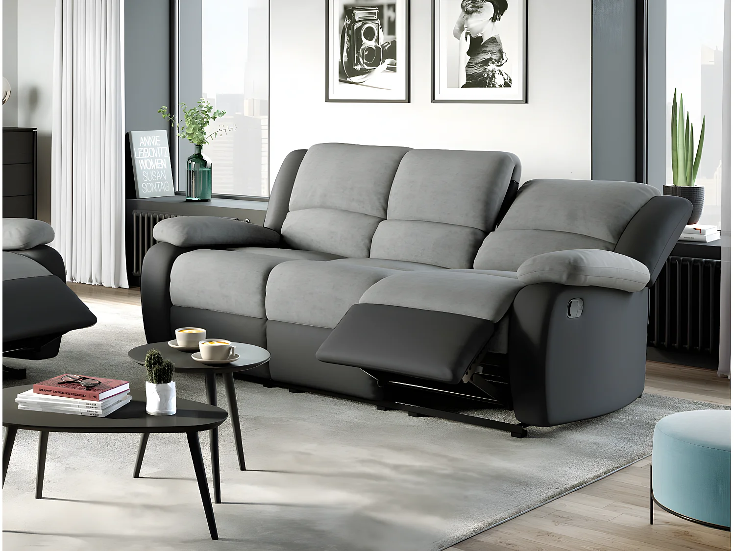 Canapé Relaxation 3 places Microfibre et Simili Léo - Gris et Noir - L193 x 93 x 96cm - Loungitude