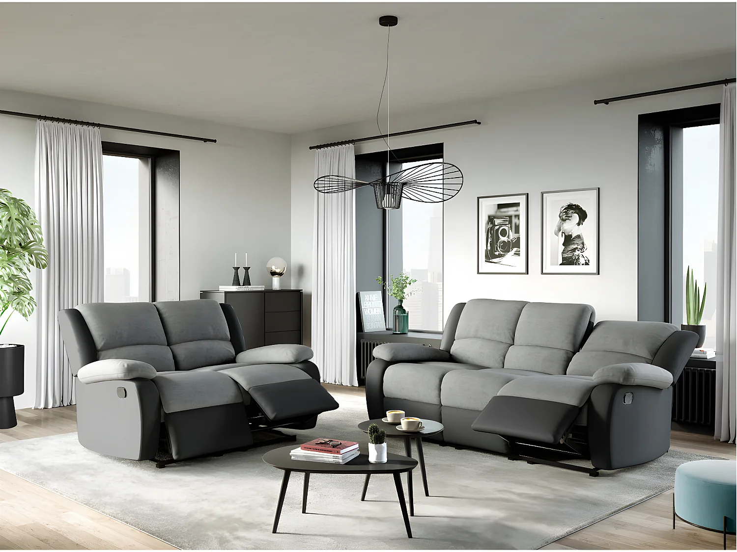 Canapé Relaxation 3 places Microfibre et Simili Léo - Gris et Noir - L193 x 93 x 96cm - Loungitude