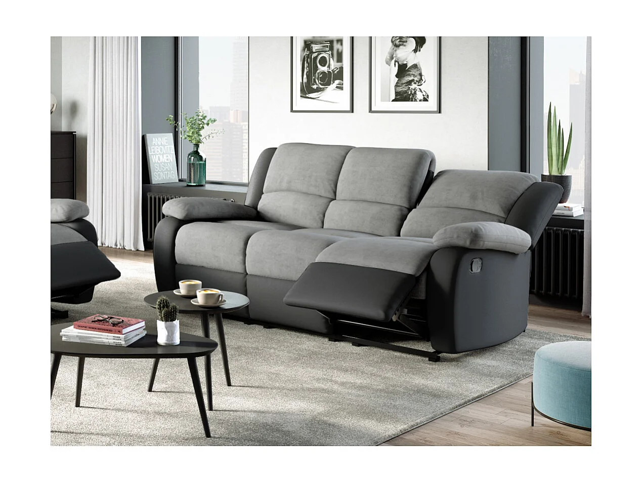Canapé Relaxation 3 places Microfibre et Simili Léo - Gris et Noir - L193 x 93 x 96cm - Loungitude