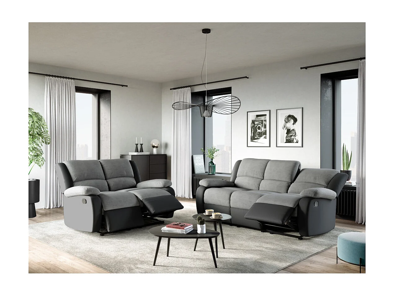 Canapé Relaxation 3 places Microfibre et Simili Léo - Gris et Noir - L193 x 93 x 96cm - Loungitude