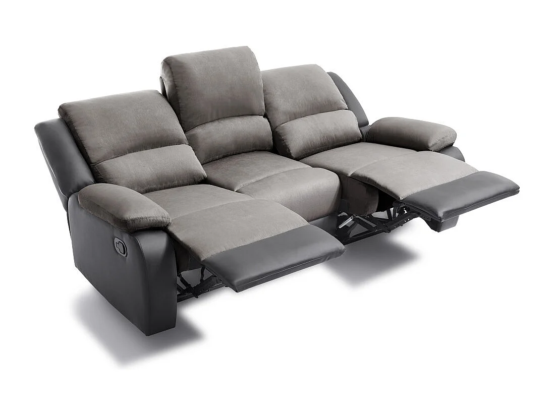 Canapé Relaxation 3 places Microfibre et Simili Léo - Gris et Noir - L193 x 93 x 96cm - Loungitude