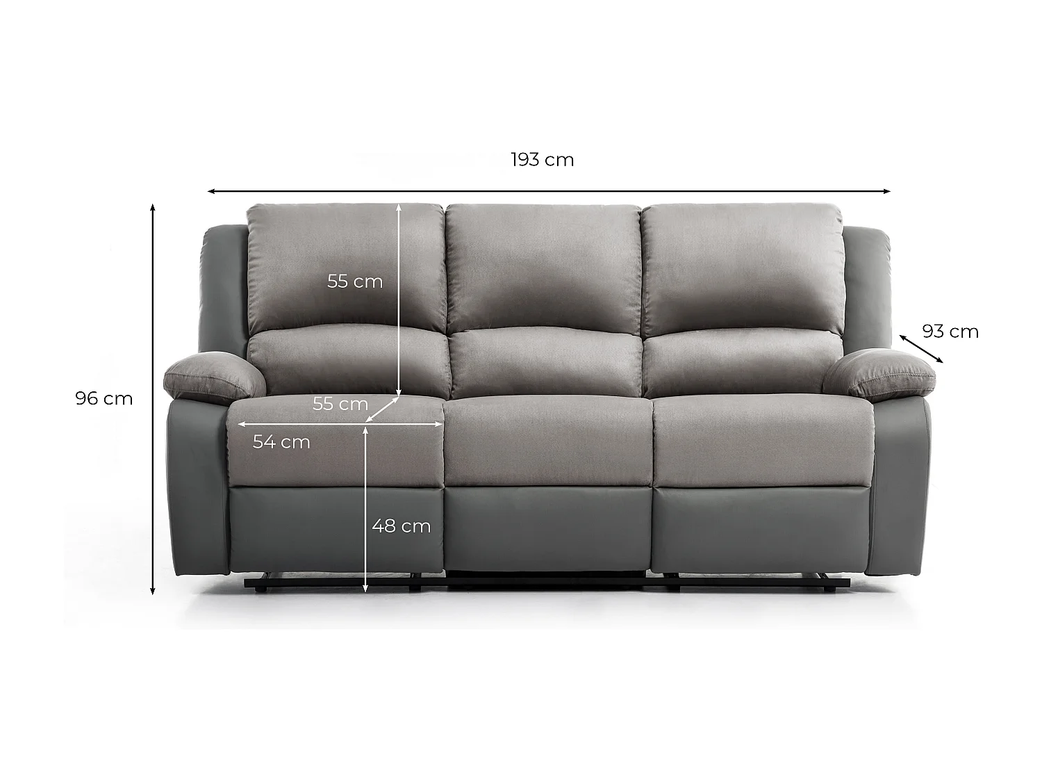 Canapé Relaxation 3 places Microfibre et Simili Léo - Gris et Noir - L193 x 93 x 96cm - Loungitude