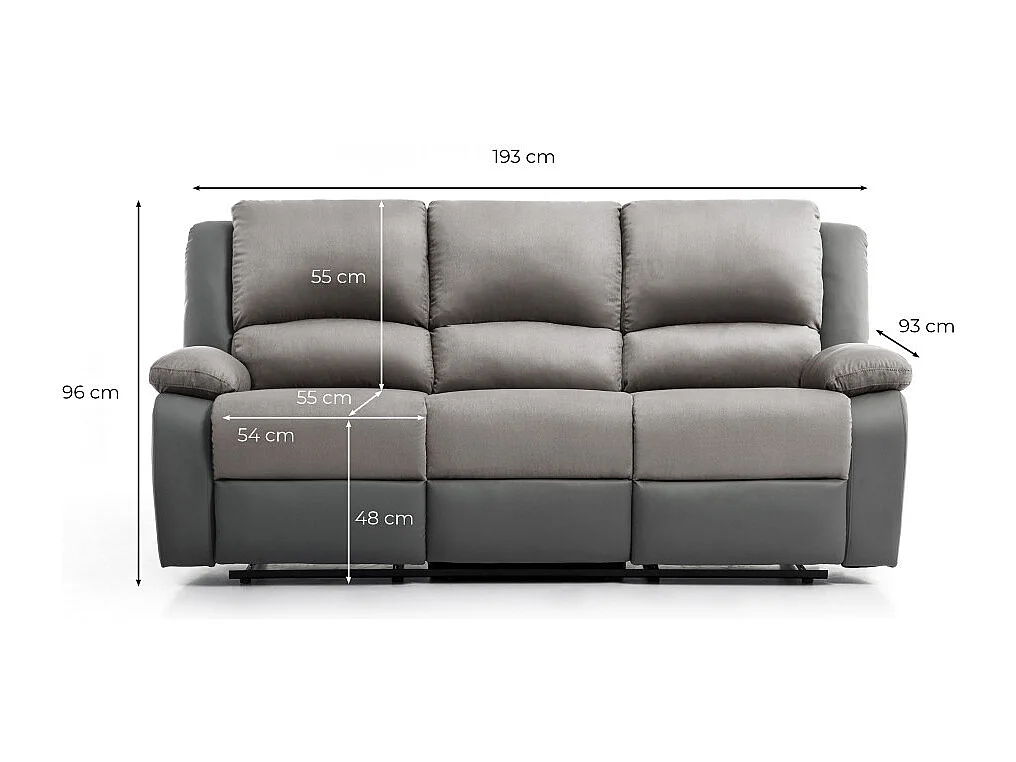 Canapé Relaxation 3 places Microfibre et Simili Léo - Gris et Noir - L193 x 93 x 96cm - Loungitude
