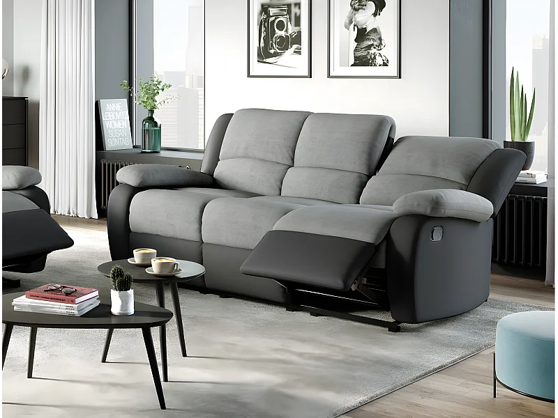 Canapé Relaxation 3 places Microfibre et Simili Léo - Gris et Noir - L193 x 93 x 96cm - Loungitude
