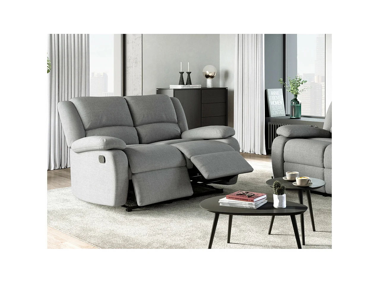 Canapé Relaxation 2 places Léo en Tissu - Gris clair - L143 x 93 x 96cm - Loungitude