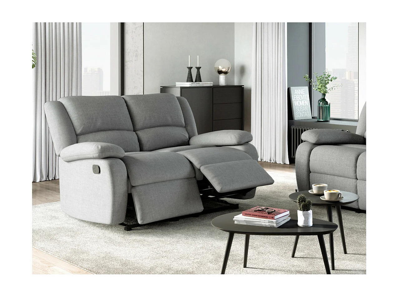 Canapé Relaxation 2 places Léo en Tissu - Gris clair - L143 x 93 x 96cm - Loungitude