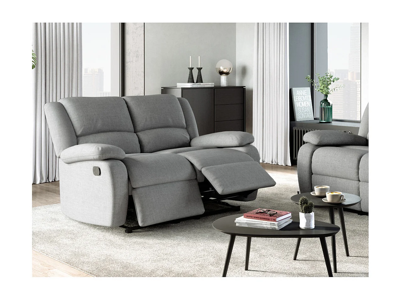 Canapé Relaxation 2 places Léo en Tissu - Gris clair - L143 x 93 x 96cm - Loungitude