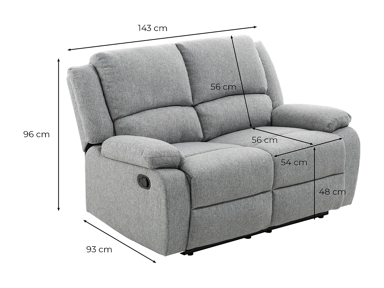 Canapé Relaxation 2 places Léo en Tissu - Gris clair - L143 x 93 x 96cm - Loungitude
