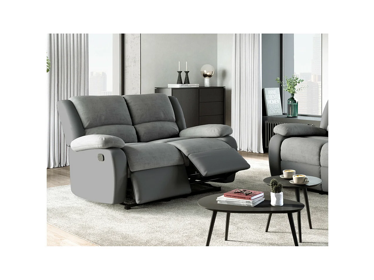 Canapé Relaxation 2 places Microfibre et Simili Léo - Gris - L143 x 93 x 96cm - Loungitude