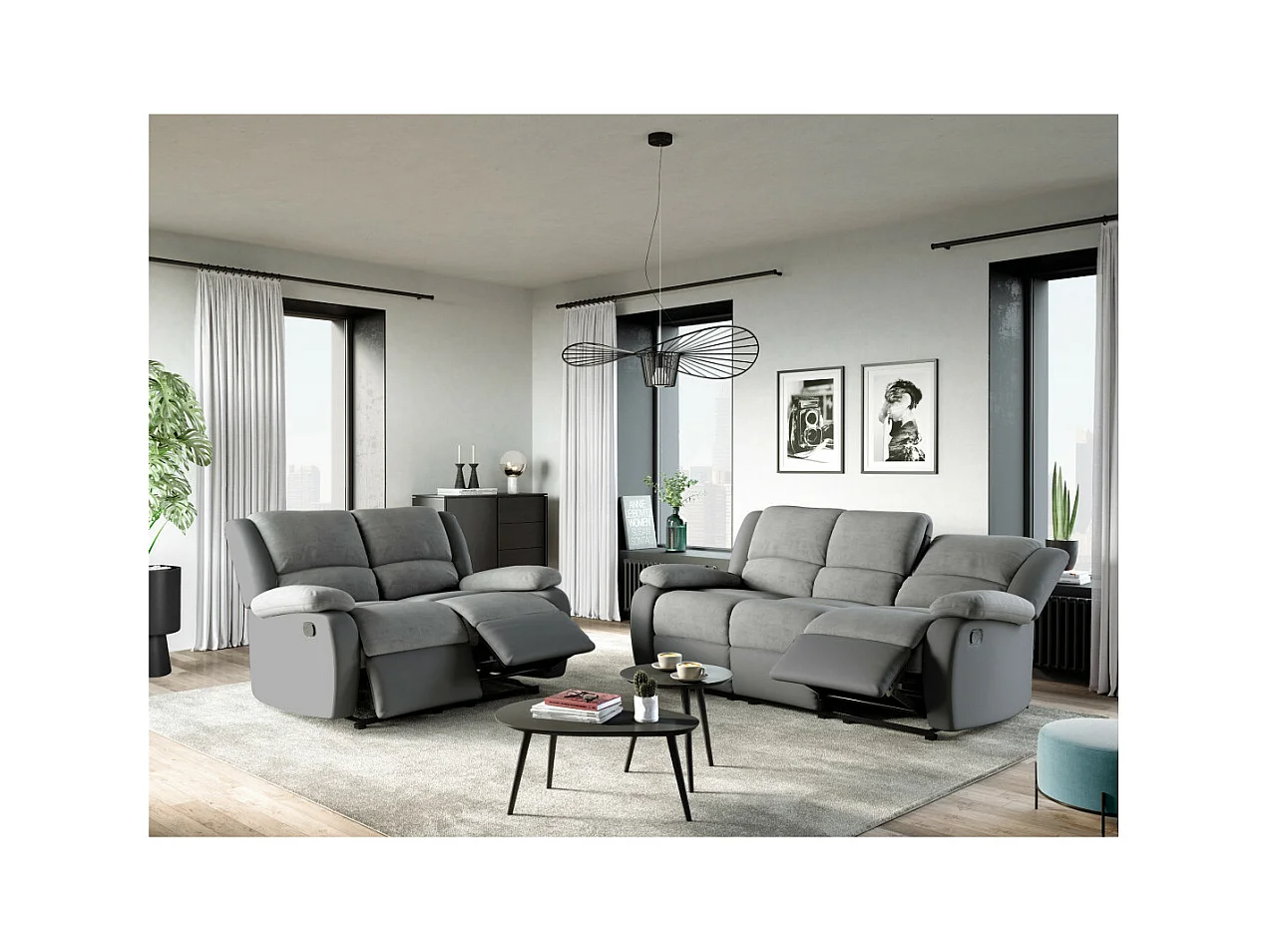 Canapé Relaxation 2 places Microfibre et Simili Léo - Gris - L143 x 93 x 96cm - Loungitude