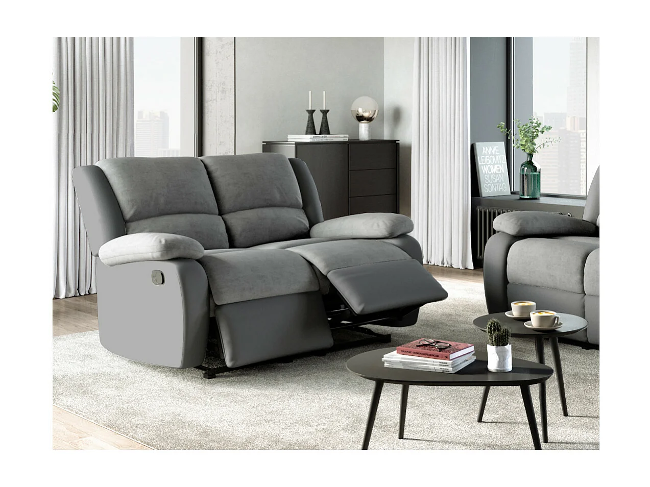 Canapé Relaxation 2 places Microfibre et Simili Léo - Gris - L143 x 93 x 96cm - Loungitude