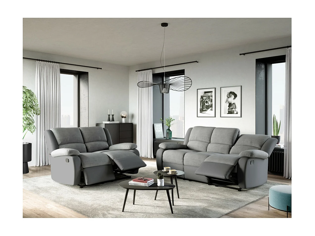 Canapé Relaxation 2 places Microfibre et Simili Léo - Gris - L143 x 93 x 96cm - Loungitude