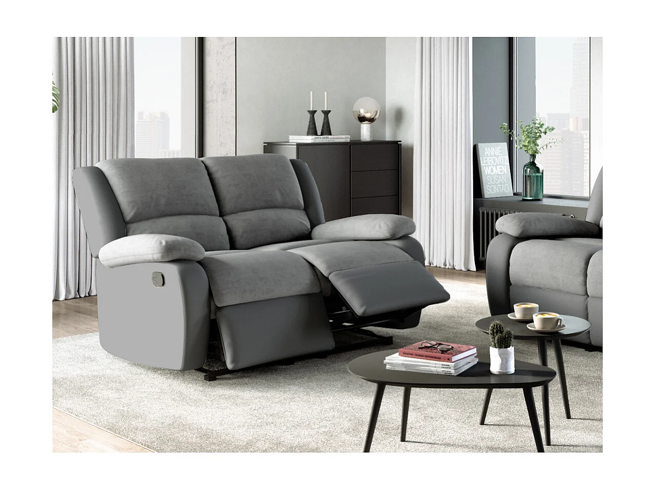 Canapé Relaxation 2 places Microfibre et Simili Léo - Gris - L143 x 93 x 96cm - Loungitude