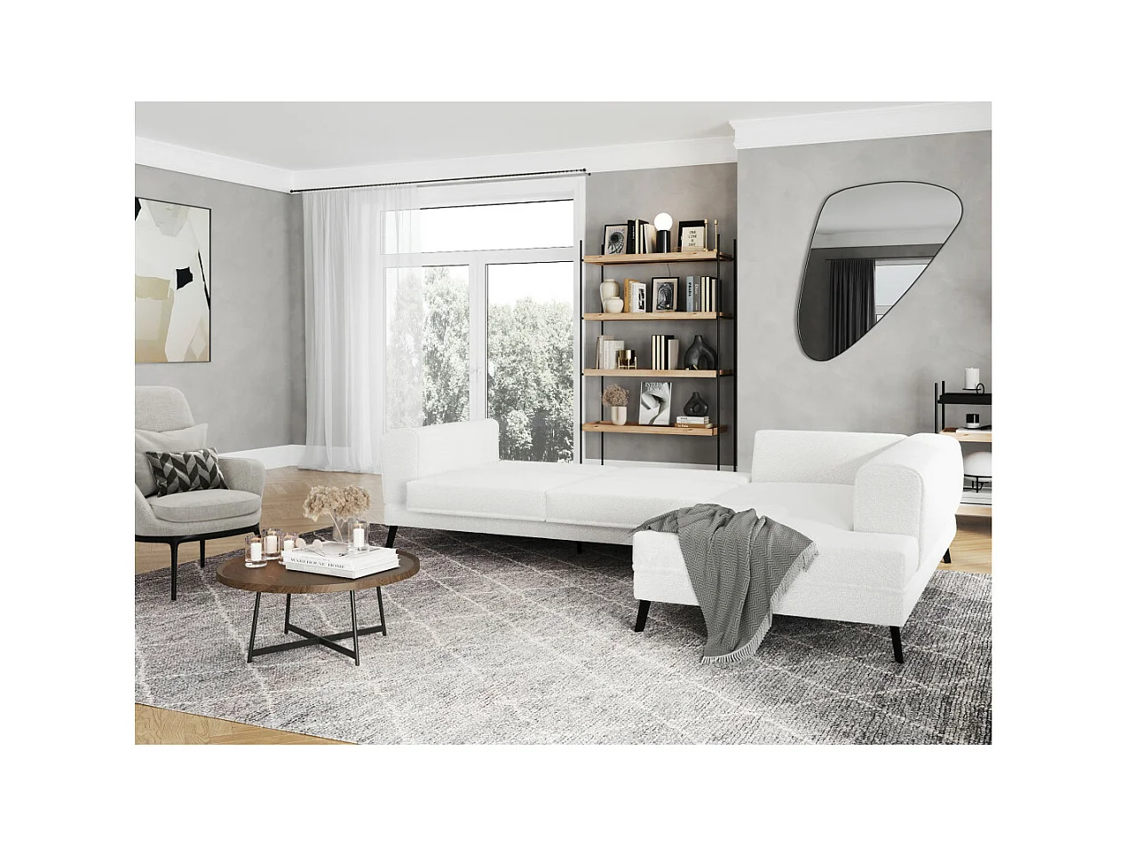 Canapé d'angle droit 4 places India convertible 2 coffres en bouclettes - Blanc - L304 x 212 x 86cm - Loungitude