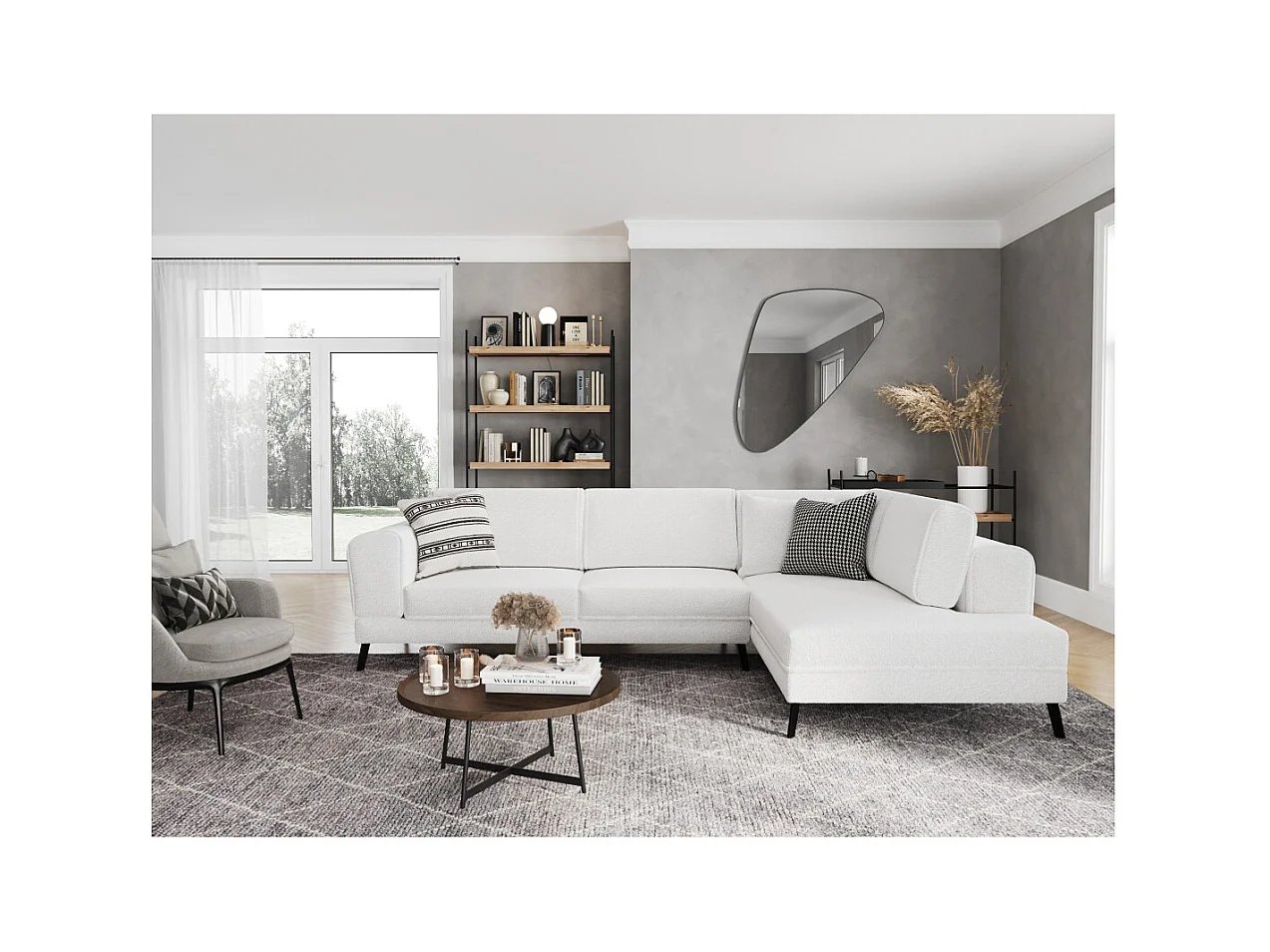 Canapé d'angle droit 4 places India convertible 2 coffres en bouclettes - Blanc - L304 x 212 x 86cm - Loungitude