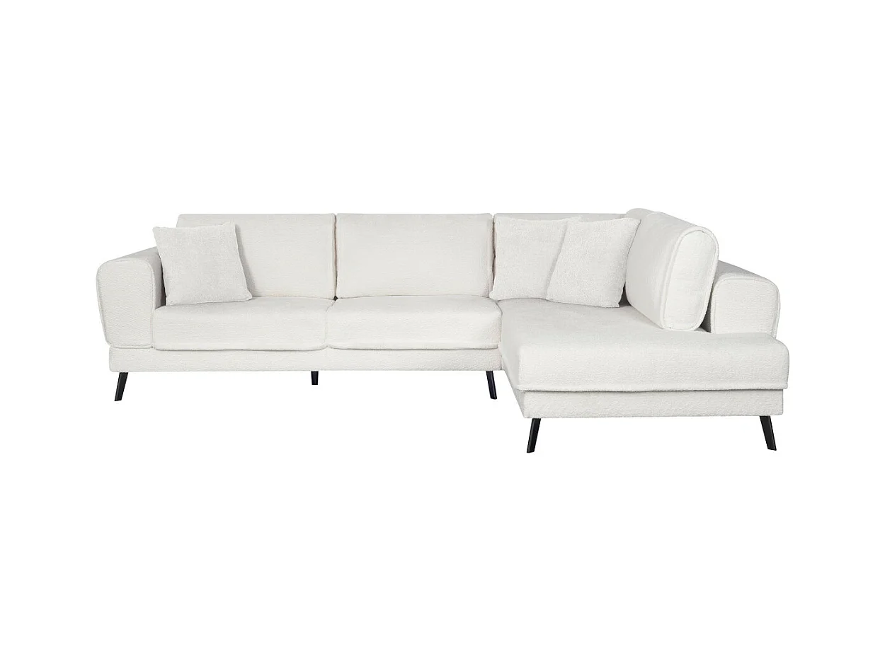 Canapé d'angle droit 4 places India convertible 2 coffres en bouclettes - Blanc - L304 x 212 x 86cm - Loungitude