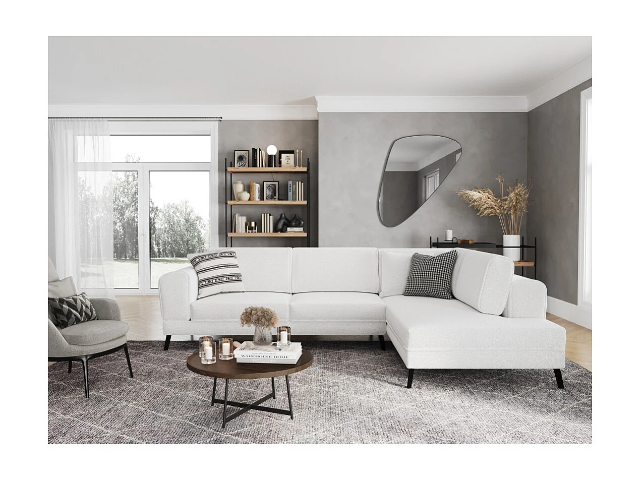 Canapé d'angle droit 4 places India convertible 2 coffres en bouclettes - Blanc - L304 x 212 x 86cm - Loungitude