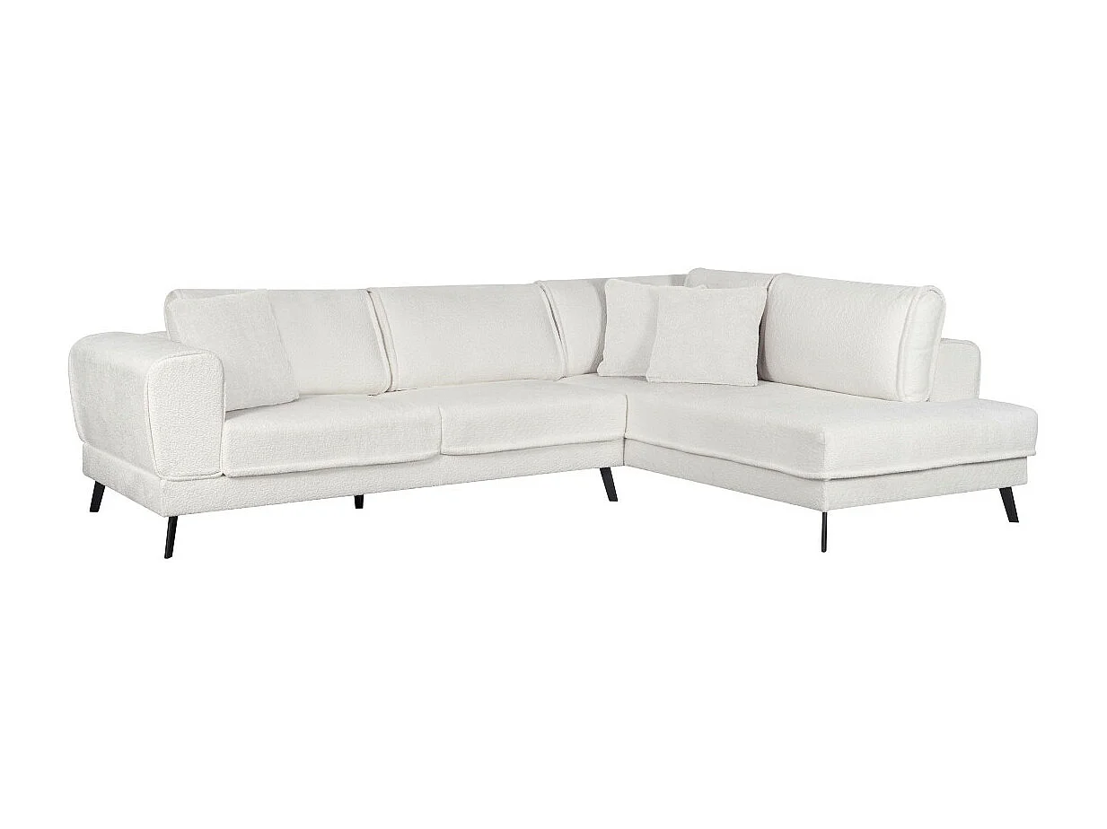 Canapé d'angle droit 4 places India convertible 2 coffres en bouclettes - Blanc - L304 x 212 x 86cm - Loungitude
