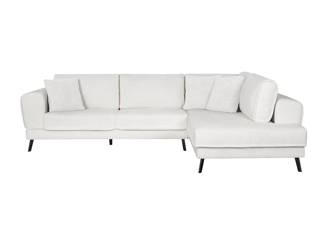 Canapé d'angle droit 4 places India convertible 2 coffres en bouclettes - Blanc - L304 x 212 x 86cm - Loungitude