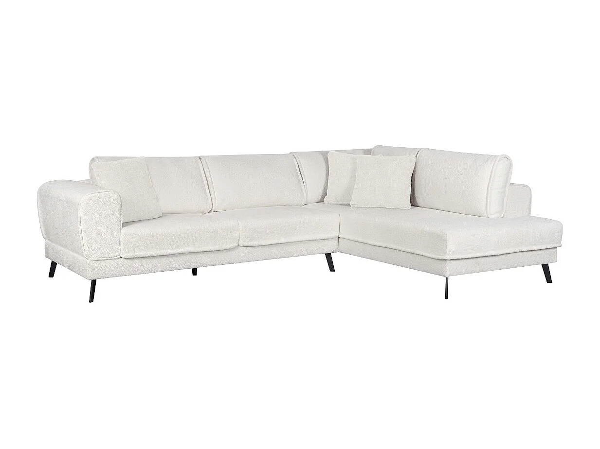 Canapé d'angle droit 4 places India convertible 2 coffres en bouclettes - Blanc - L304 x 212 x 86cm - Loungitude