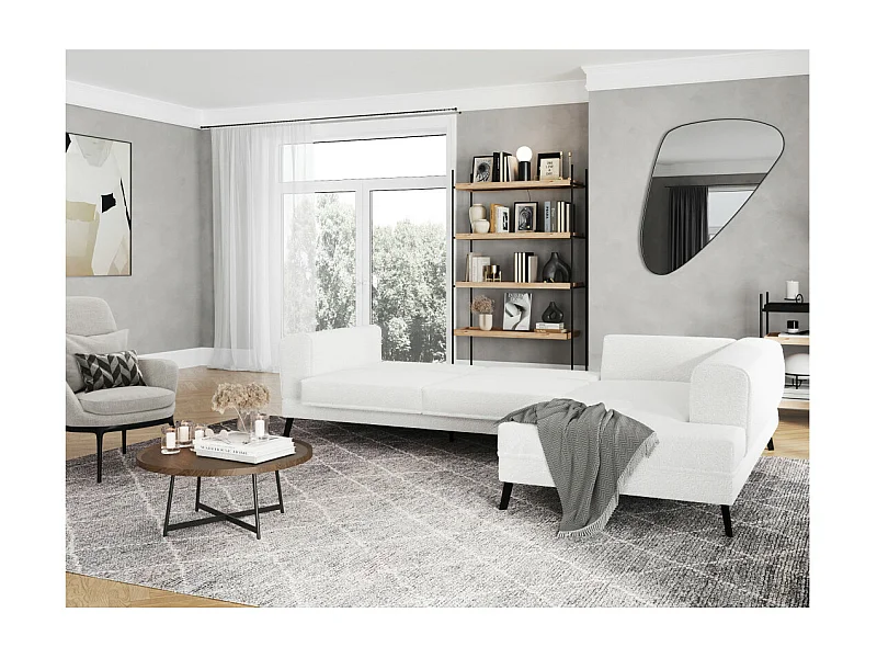 Canapé d'angle droit 4 places India convertible 2 coffres en bouclettes - Blanc - L304 x 212 x 86cm - Loungitude