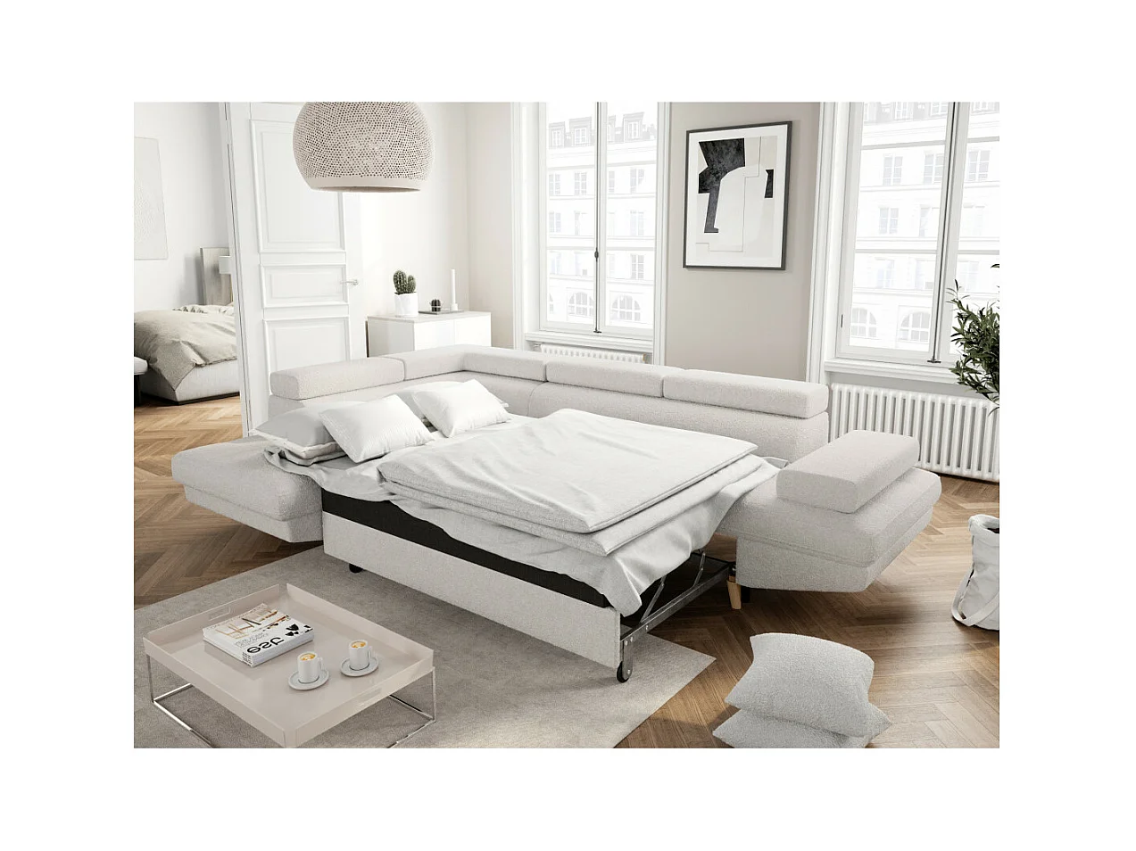 Canapé d'angle gauche convertible Rio Scandinave avec coffre en tissu bouclette- Blanc, Pied bois - L271 x P192 x H70cm - Loungitude