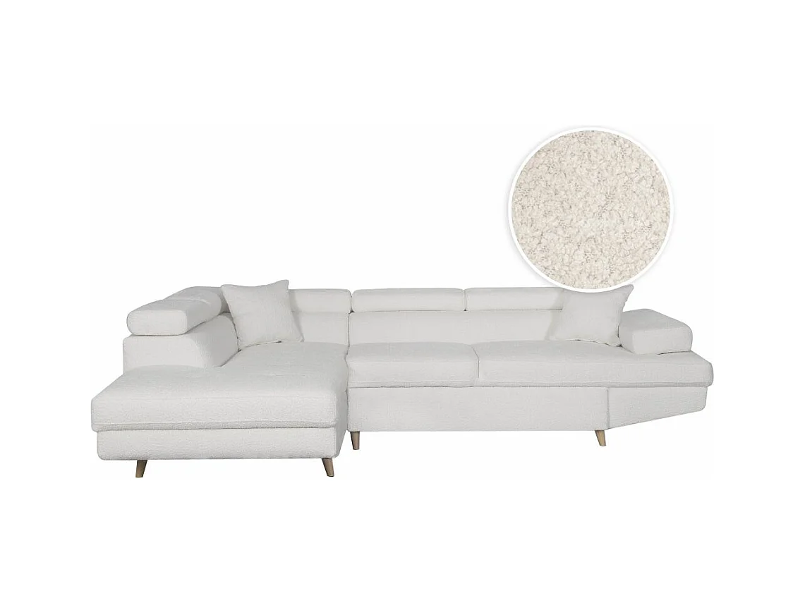 Canapé d'angle gauche convertible Rio Scandinave avec coffre en tissu bouclette- Blanc, Pied bois - L271 x P192 x H70cm - Loungitude