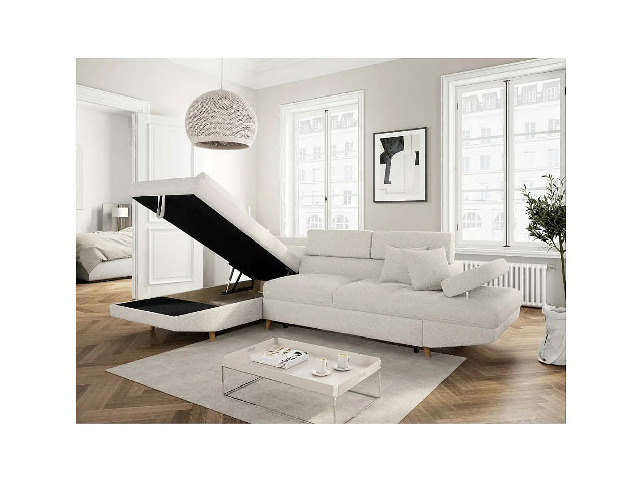 Canapé d'angle gauche convertible Rio Scandinave avec coffre en tissu bouclette- Blanc, Pied bois - L271 x P192 x H70cm - Loungitude