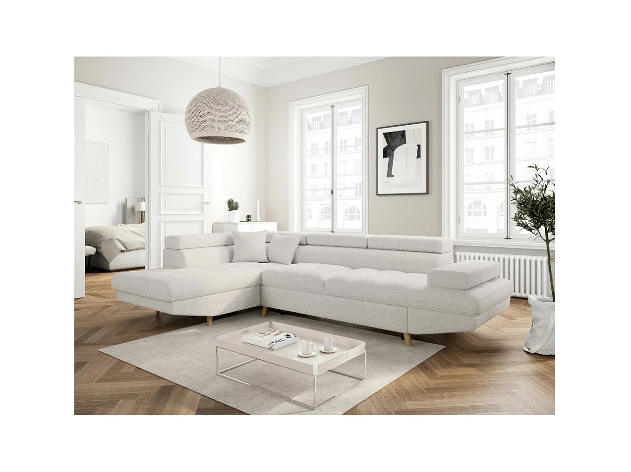 Canapé d'angle gauche convertible Rio Scandinave avec coffre en tissu bouclette- Blanc, Pied bois - L271 x P192 x H70cm - Loungitude