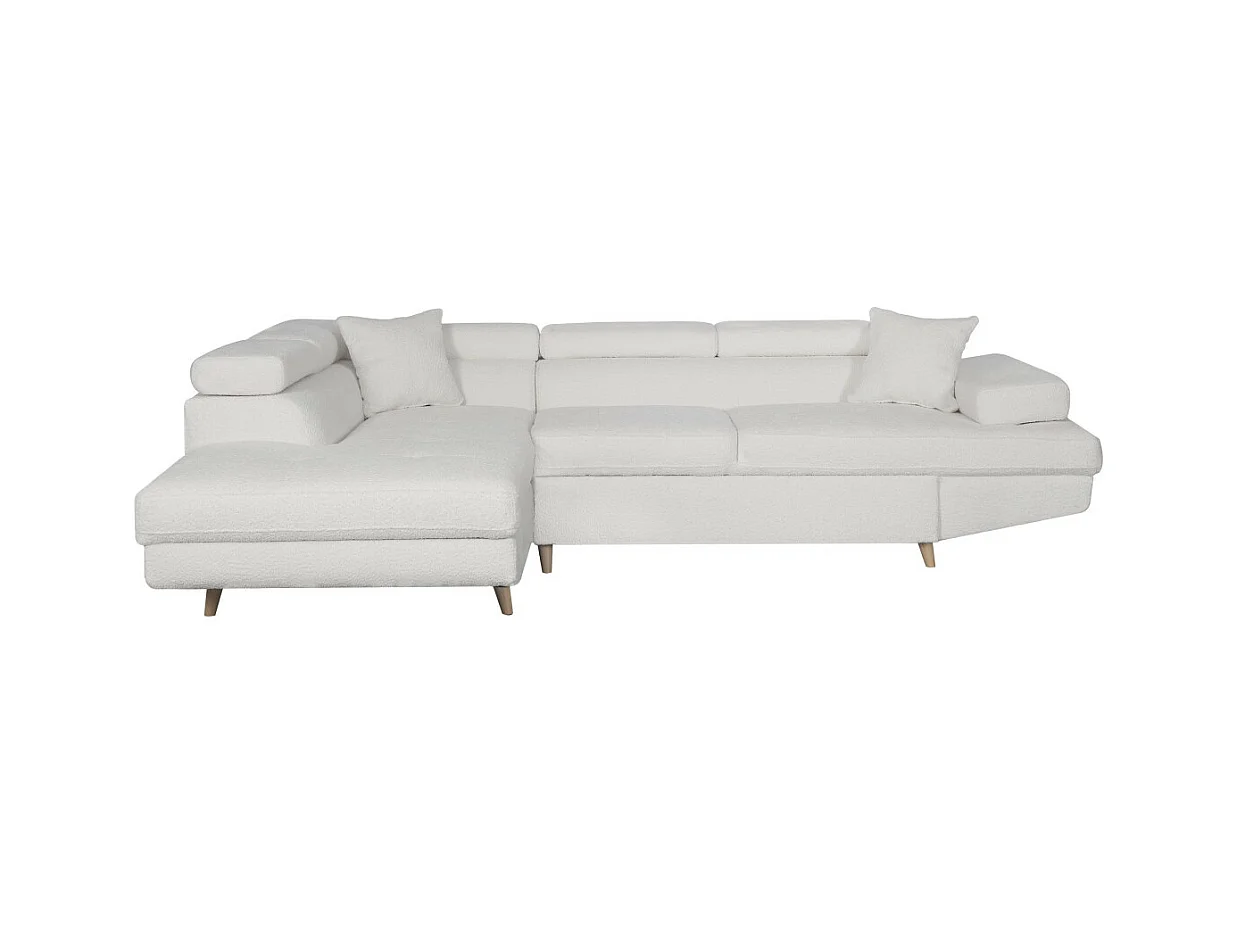 Canapé d'angle gauche convertible Rio Scandinave avec coffre en tissu bouclette- Blanc, Pied bois - L271 x P192 x H70cm - Loungitude