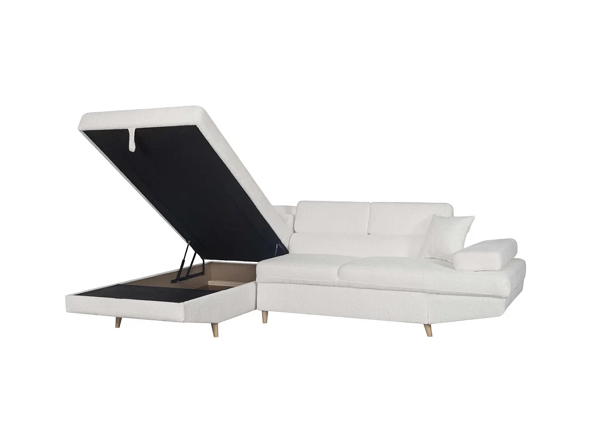 Canapé d'angle gauche convertible Rio Scandinave avec coffre en tissu bouclette- Blanc, Pied bois - L271 x P192 x H70cm - Loungitude