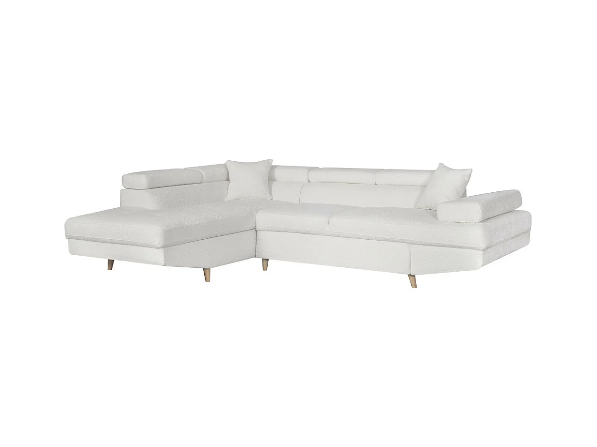 Canapé d'angle gauche convertible Rio Scandinave avec coffre en tissu bouclette- Blanc, Pied bois - L271 x P192 x H70cm - Loungitude