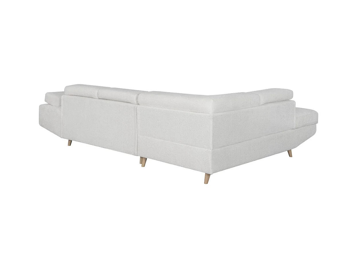 Canapé d'angle gauche convertible Rio Scandinave avec coffre en tissu bouclette- Blanc, Pied bois - L271 x P192 x H70cm - Loungitude