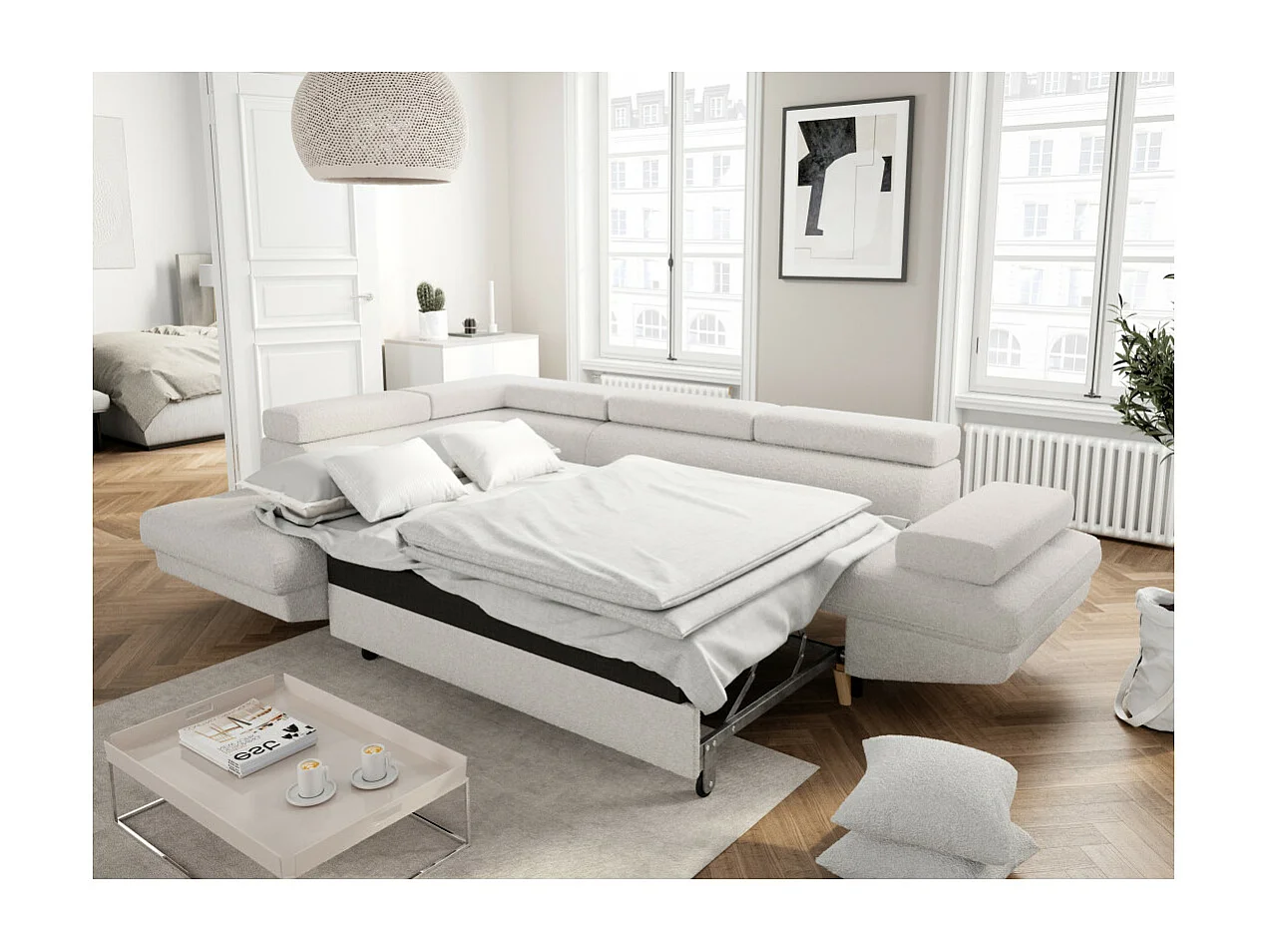 Canapé d'angle gauche convertible Rio Scandinave avec coffre en tissu bouclette- Blanc, Pied bois - L271 x P192 x H70cm - Loungitude