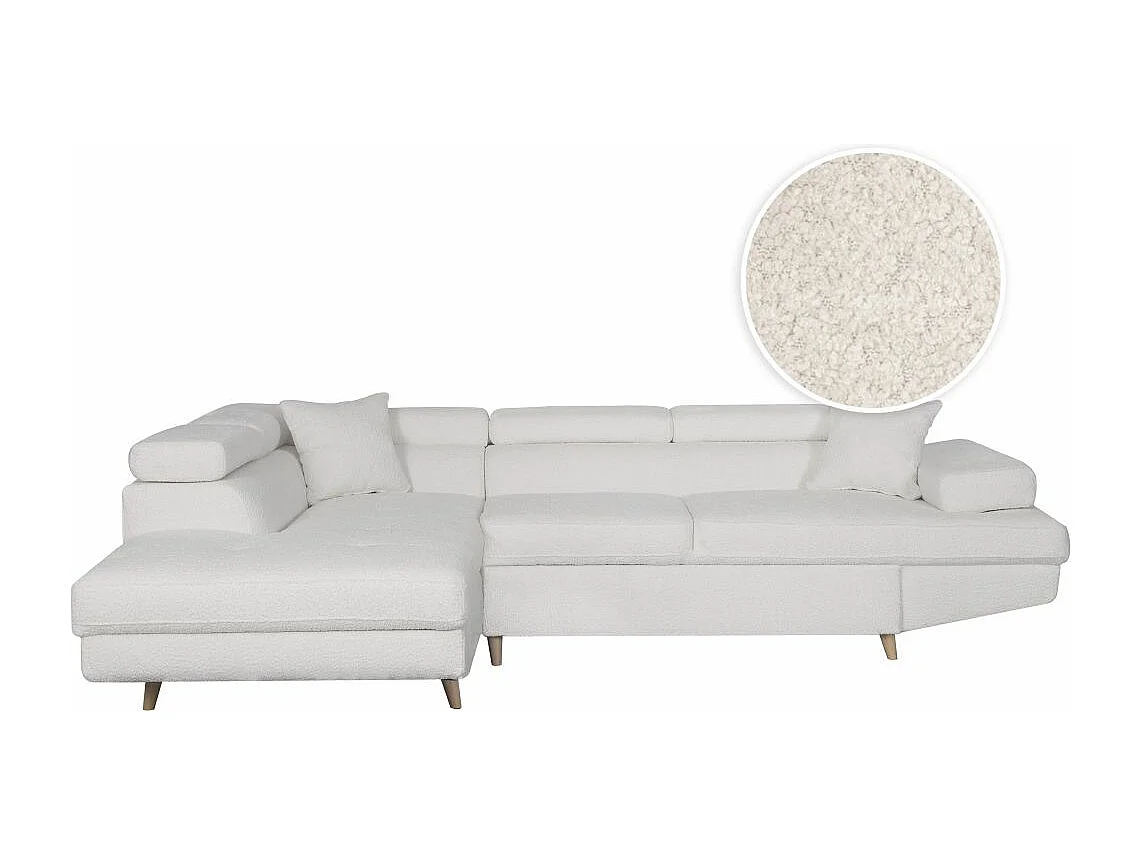Canapé d'angle gauche convertible Rio Scandinave avec coffre en tissu bouclette- Blanc, Pied bois - L271 x P192 x H70cm - Loungitude